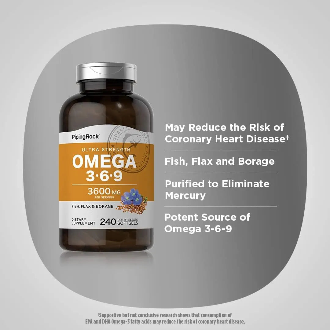 Omega 3 6 9 3600 Mg 240 Capsulas Blandas Piping Rock Aceite Pescado Lino Borraja Sin Gluten