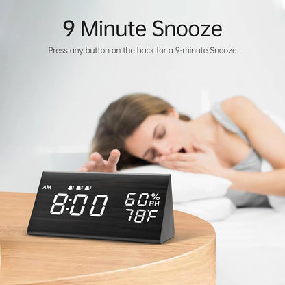 Reloj Despertador Digital Con Pantalla Led Madera 3 Alarmas Temperatura Humedad