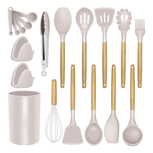 Juego De Utensilios Cocina Silicona 12 Piezas Con Soporte Y Mangos Madera
