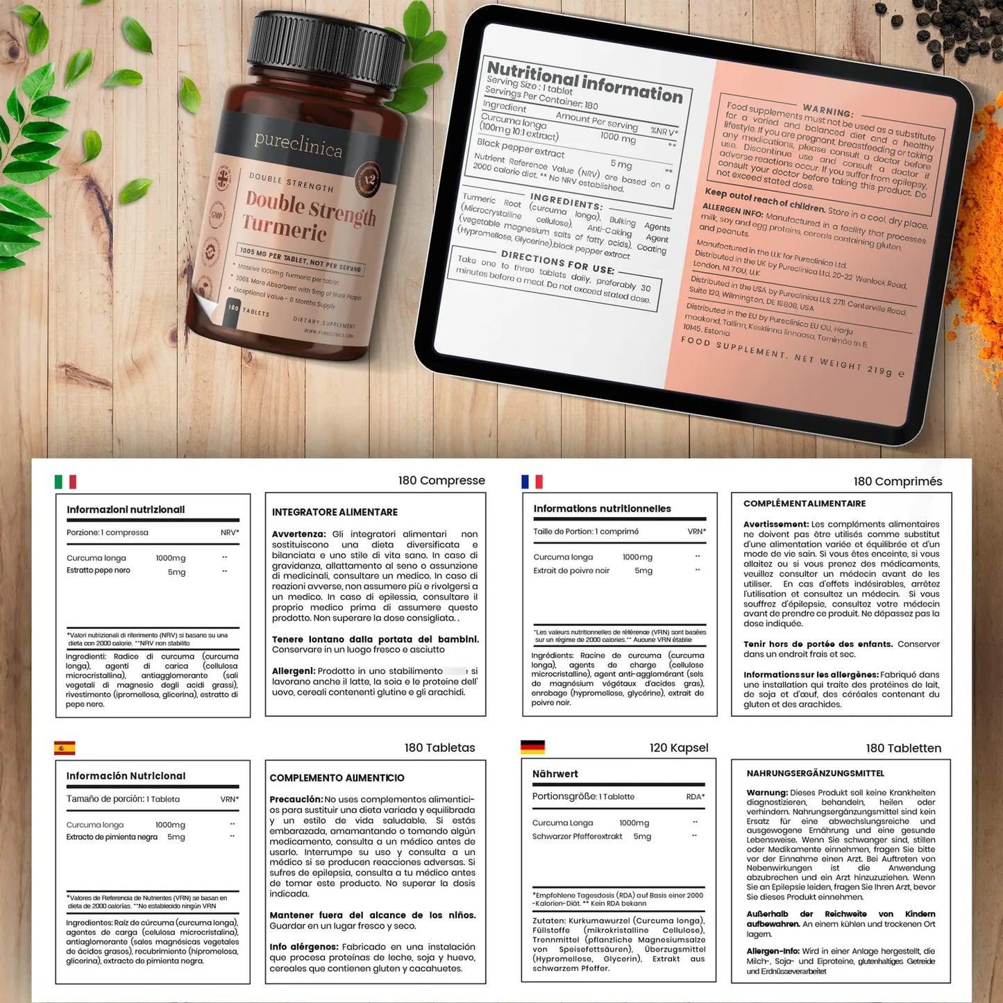 Cúrcuma Doble Fuerza 1000 Mg 180 Tabletas Con Pimienta Negra Para Mayor Absorción