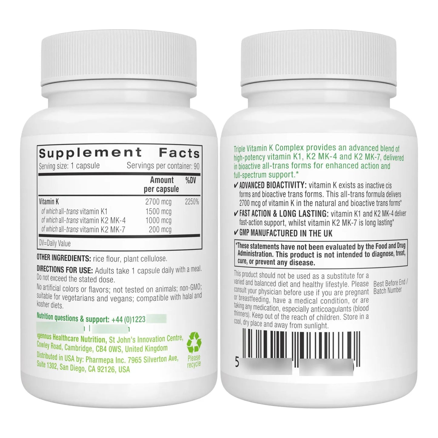 Complejo Avanzado De Vitamina K 2700 Mcg K1 K2 MK4 MK7 Bioactivo Vegano 90 Capsulas