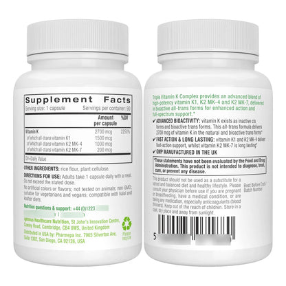 Complejo Avanzado De Vitamina K 2700 Mcg K1 K2 MK4 MK7 Bioactivo Vegano 90 Capsulas