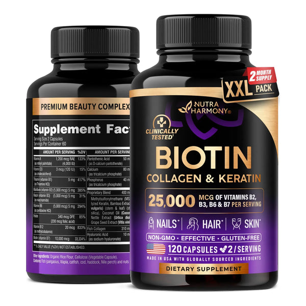 Biotina Colágeno Queratina 25000 Mcg Suplemento Cabello Piel Uñas Vitaminas B