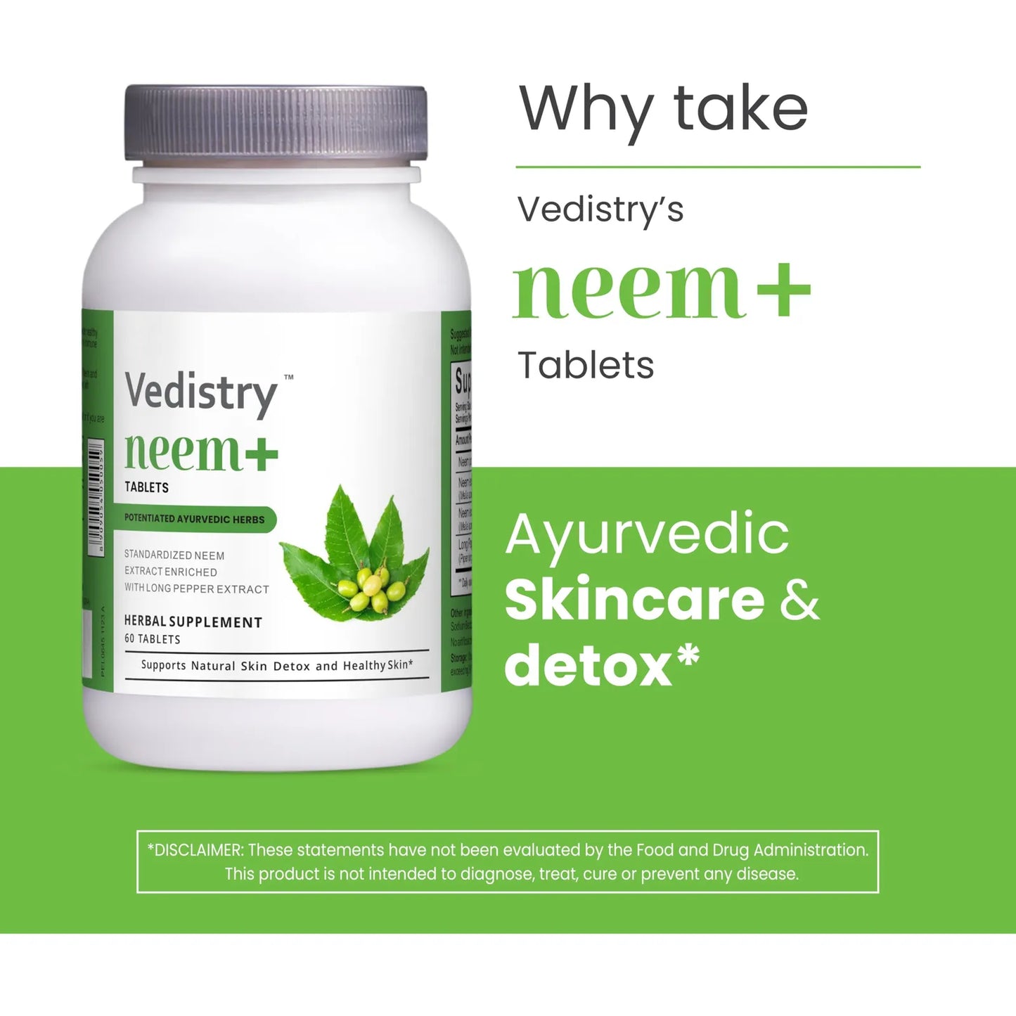 Tabletas De Neem 1100 Mg Con Extracto De Pimienta Larga 60 U Vegano