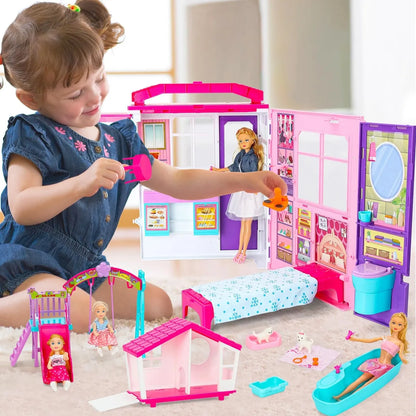 Casa De Muñecas Portátil Plegable 60 Cm Incluye 2 Muñecas Diversión Sin Límites