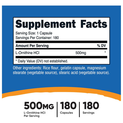 L-Ornitina 500 Mg 180 Cápsulas Para Bienestar Y Rendimiento