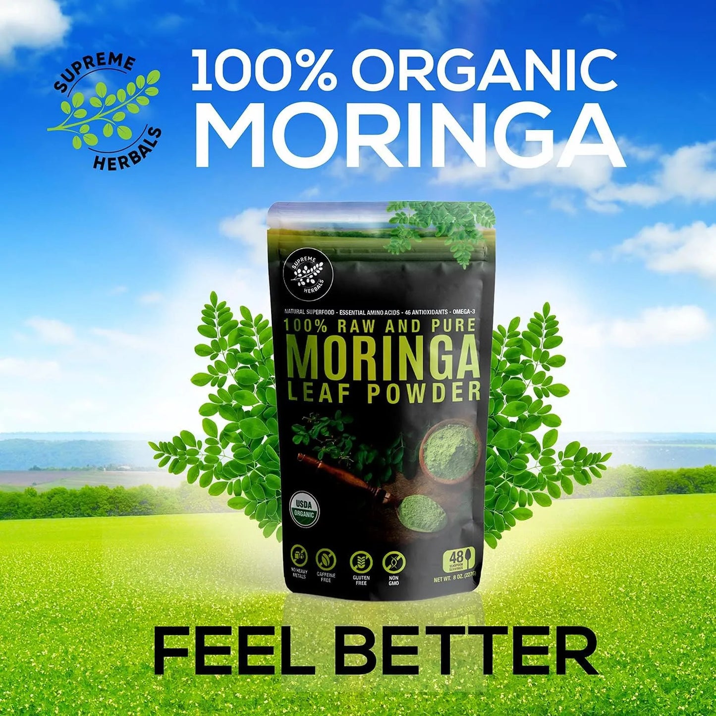 Polvo De Hoja De Moringa Cruda Orgánica Superalimento Natural Con Aminoácidos Y Omega 3