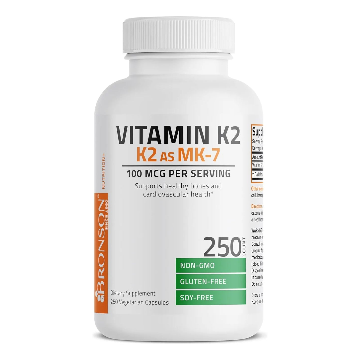 Vitamina K2 MK7 100 Mcg 250 Capsulas Bronson Huesos Fuertes Y Corazon Sano