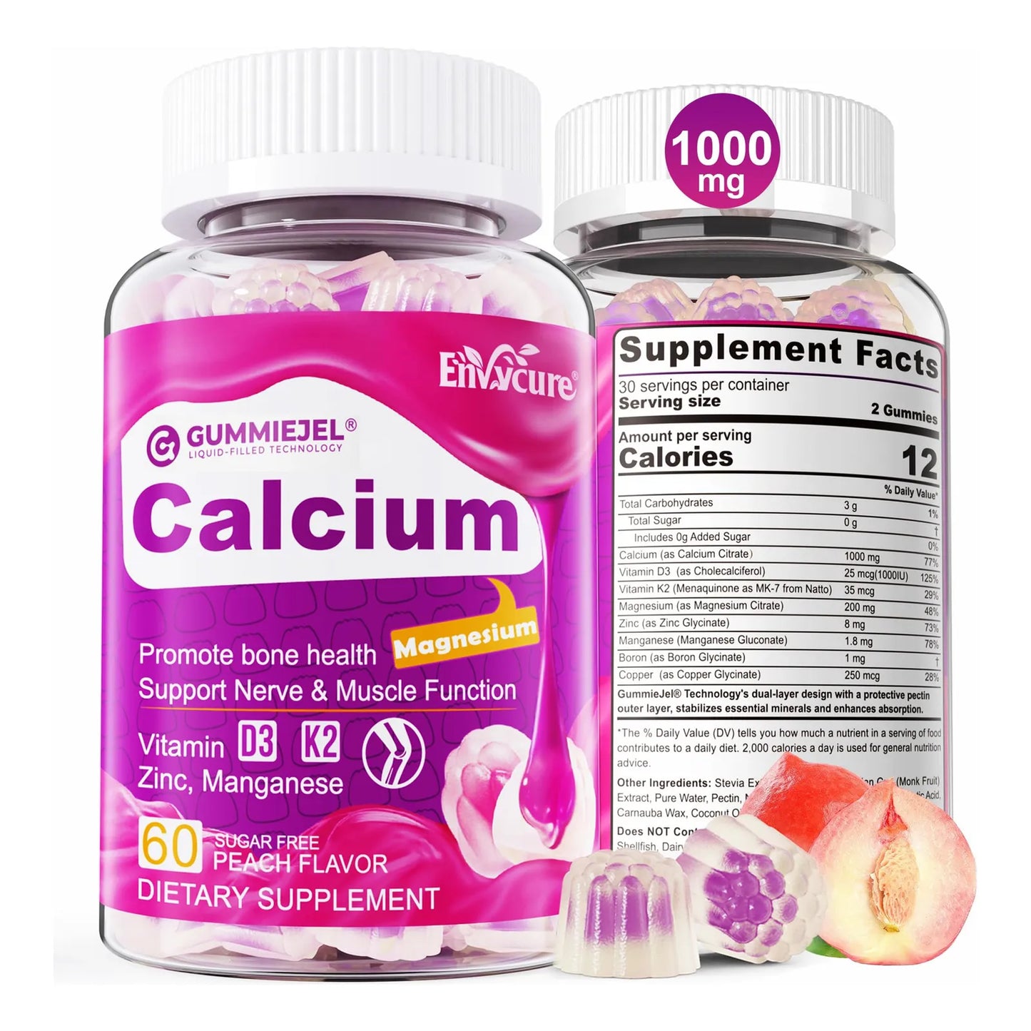 Gomitas De Citrato De Calcio 1000 Mg Con Vitamina D3 K2 Magnesio Zinc Para Huesos Fuertes