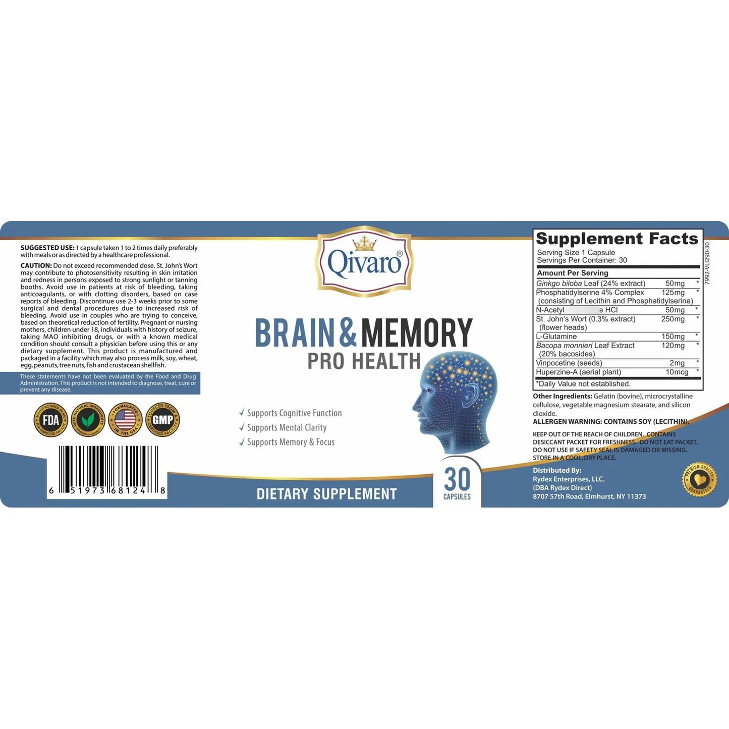 Brain Memory Pro Health Suplemento Cognitivo 30 Capsulas Natural