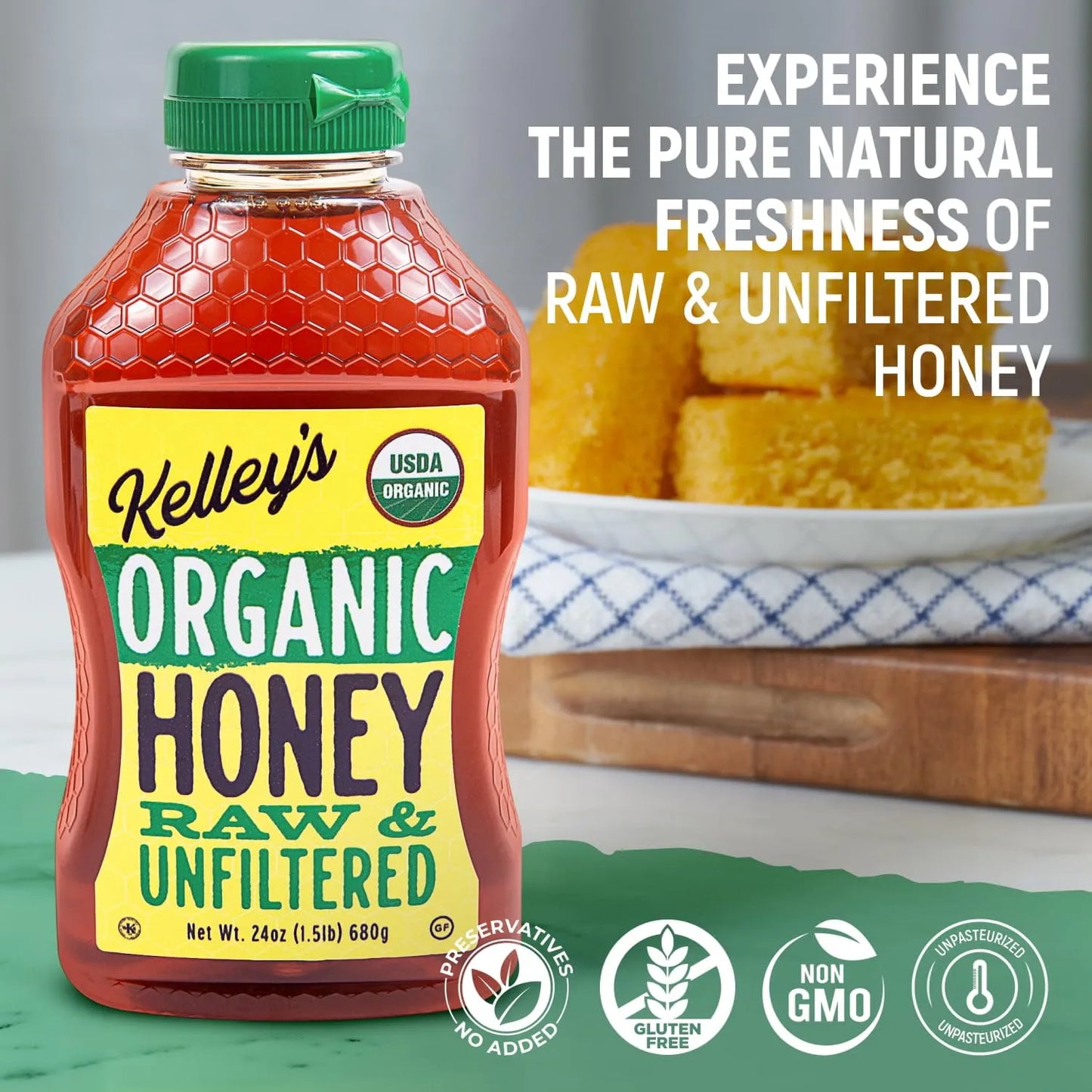 Miel Cruda Orgánica Kelley's Botella Exprimible 24 Onzas Certificada USDA