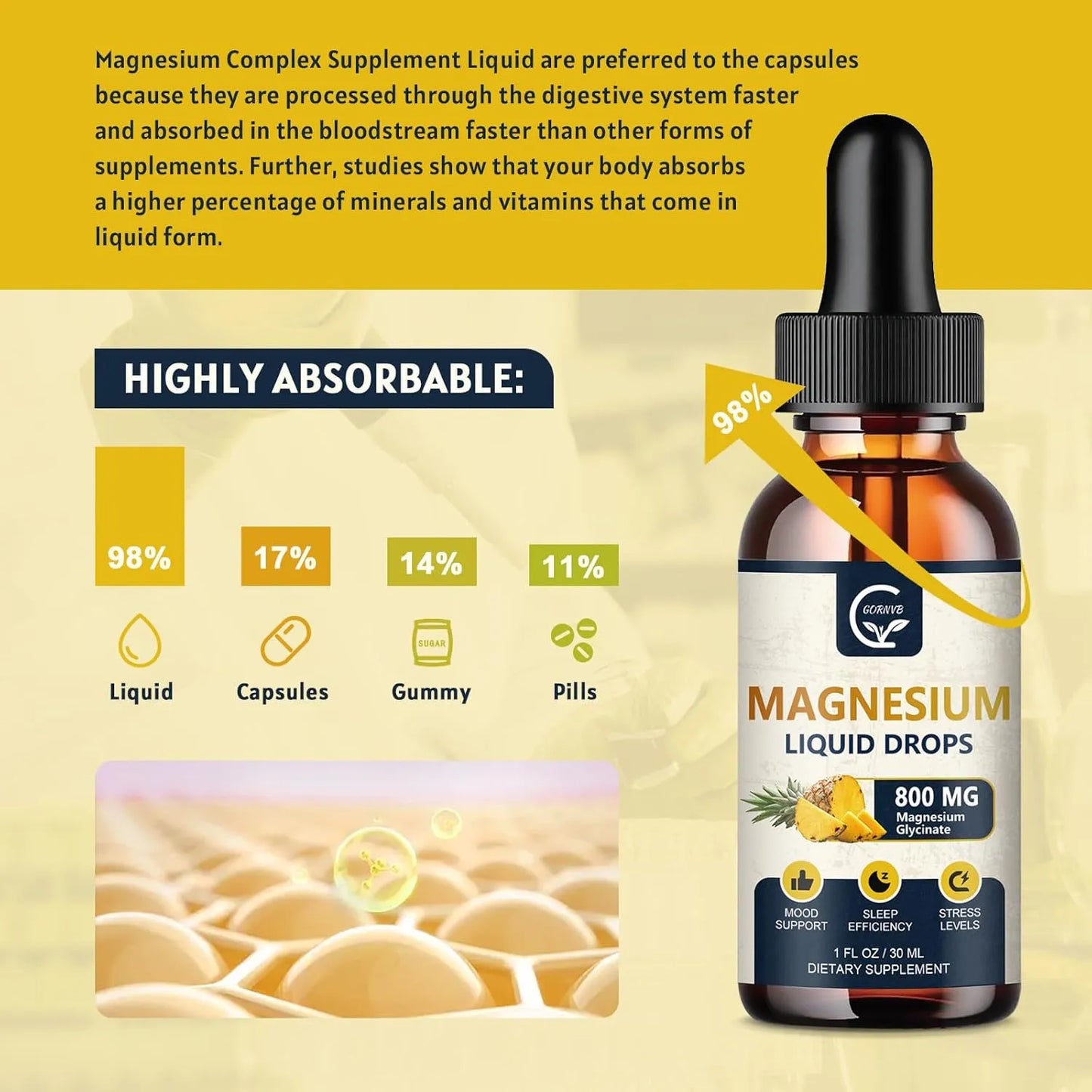 Gotas De Glicinato De Magnesio 1000 Mg Con D3 Y L-Theanina Sabor Piña
