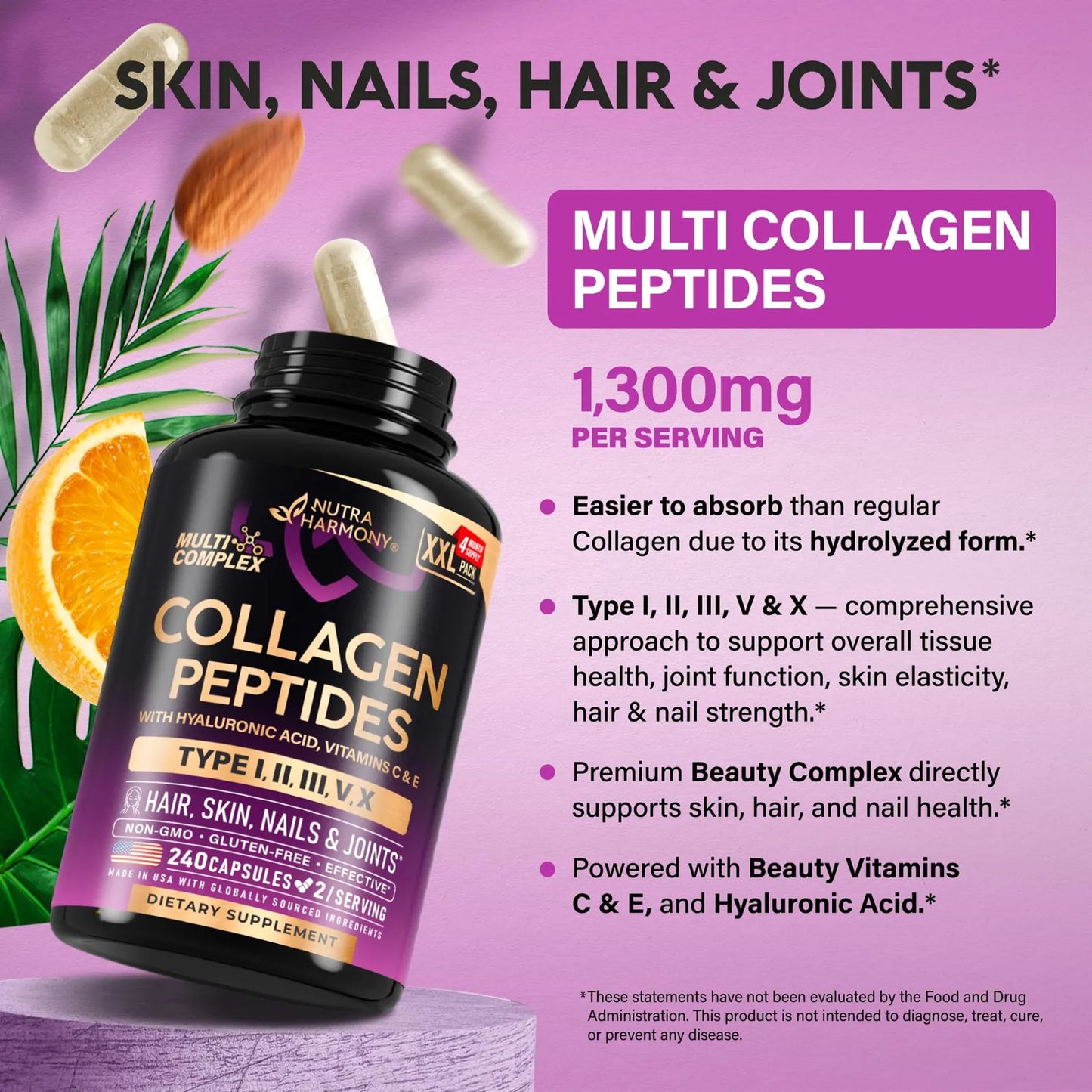 Multi Collagen Peptides Hidrolizado Tipos I II III V X 1300 Mg Con Acido Hialurónico
