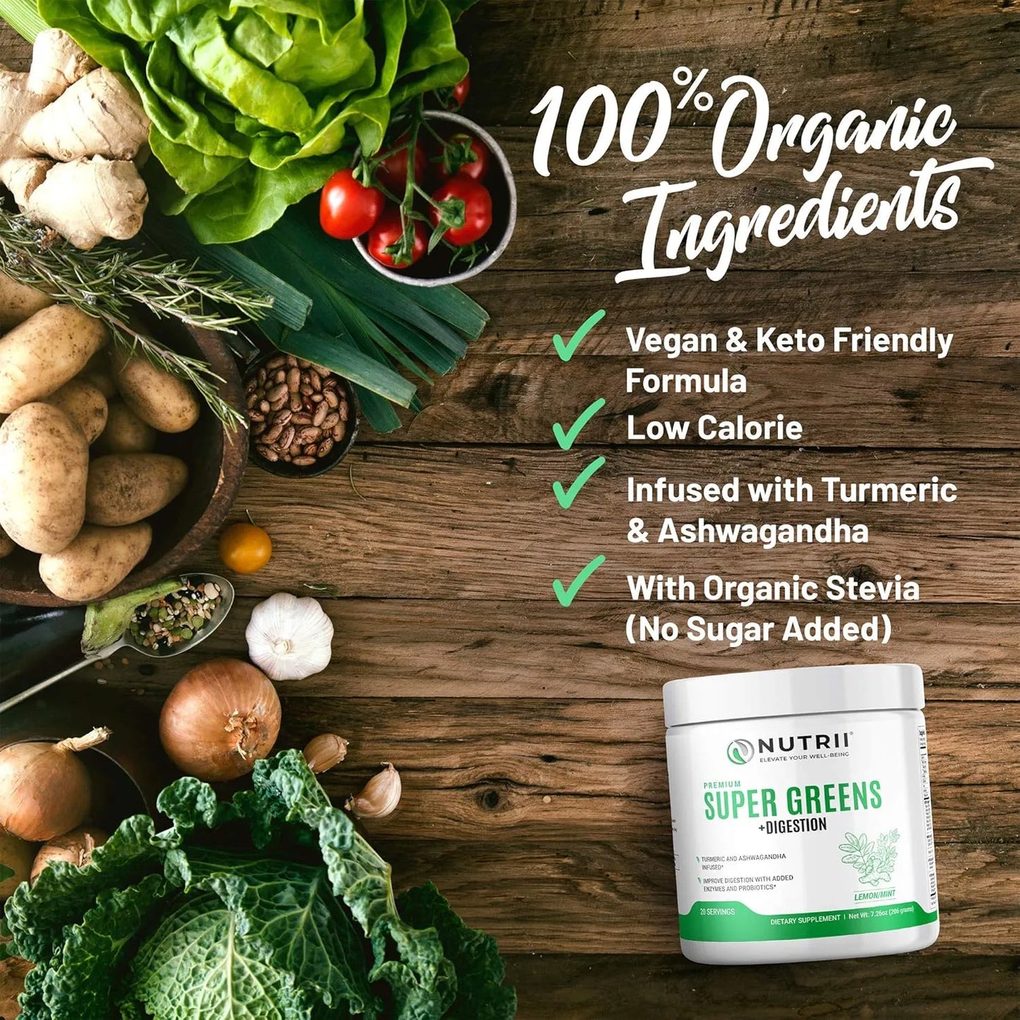 Superalimento En Polvo Orgánico Verde Nutrii Super Greens Digestion Energía Inmunidad