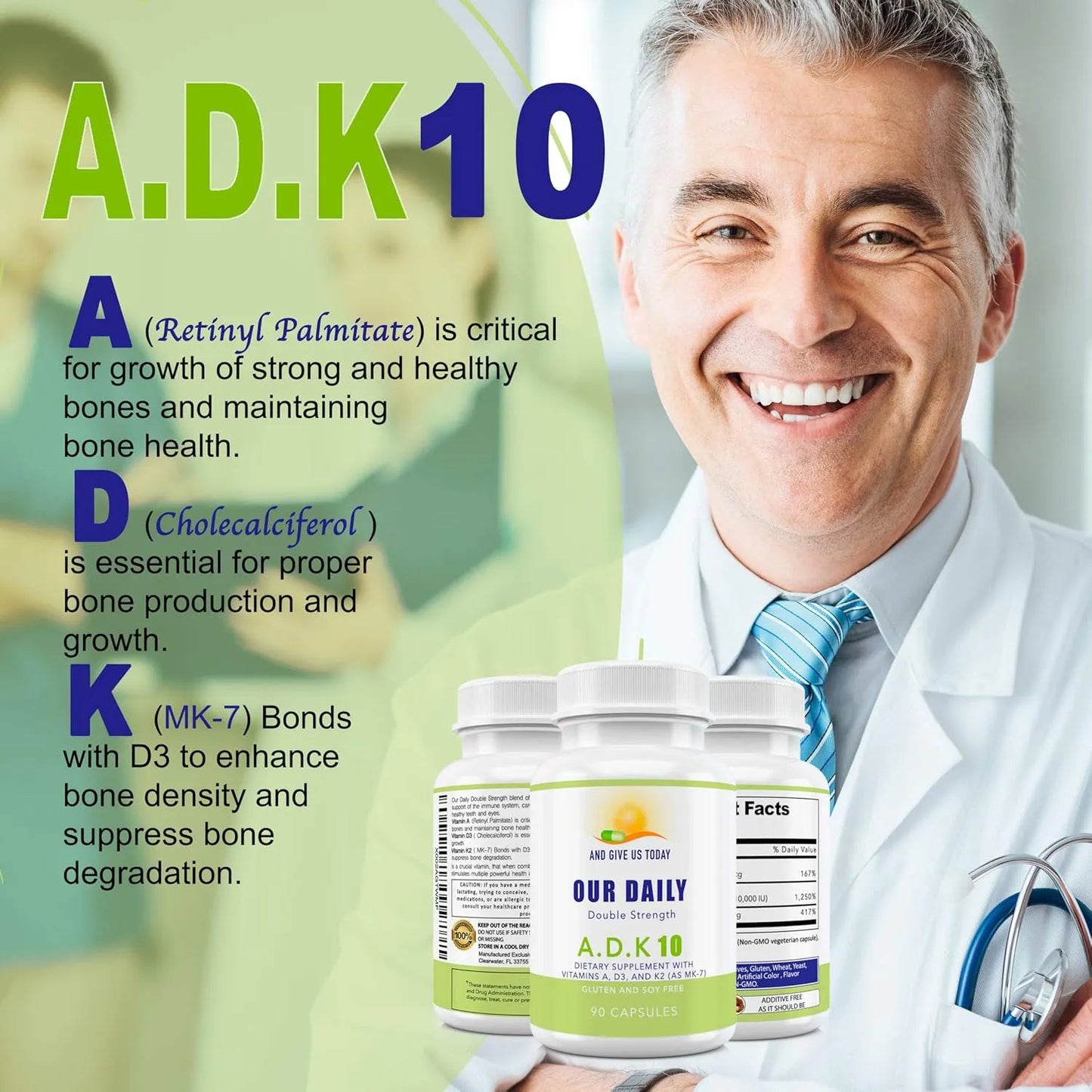 Vitaminas Doble Fuerza ADK 10 10000 Ui A1 D3 K2 Mk7 Apoyo Óseo E Inmunológico 180 Cápsulas