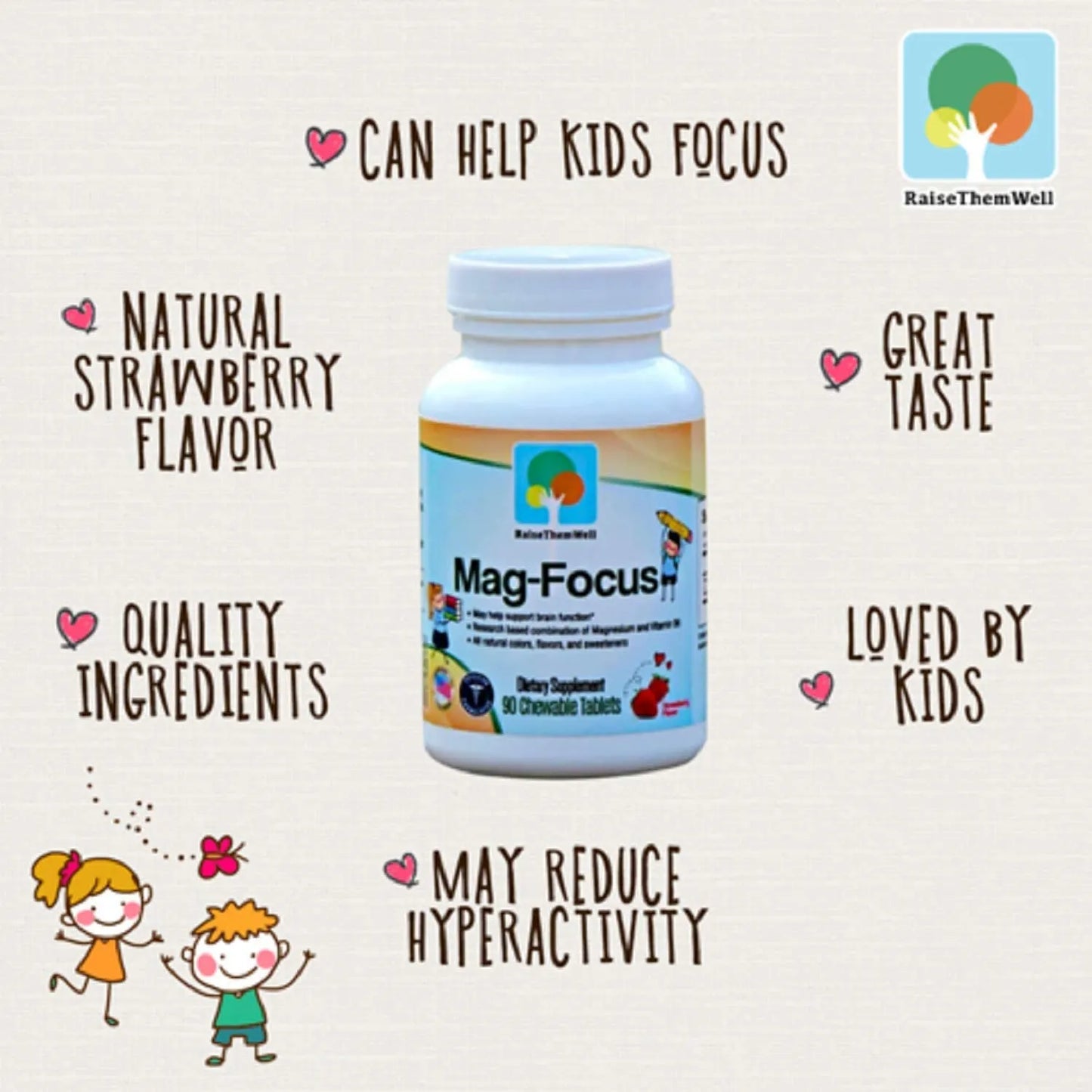 Tabletas Masticables De Magnesio Con Sabor A Fresa Natural Para Niños 90 Unidades