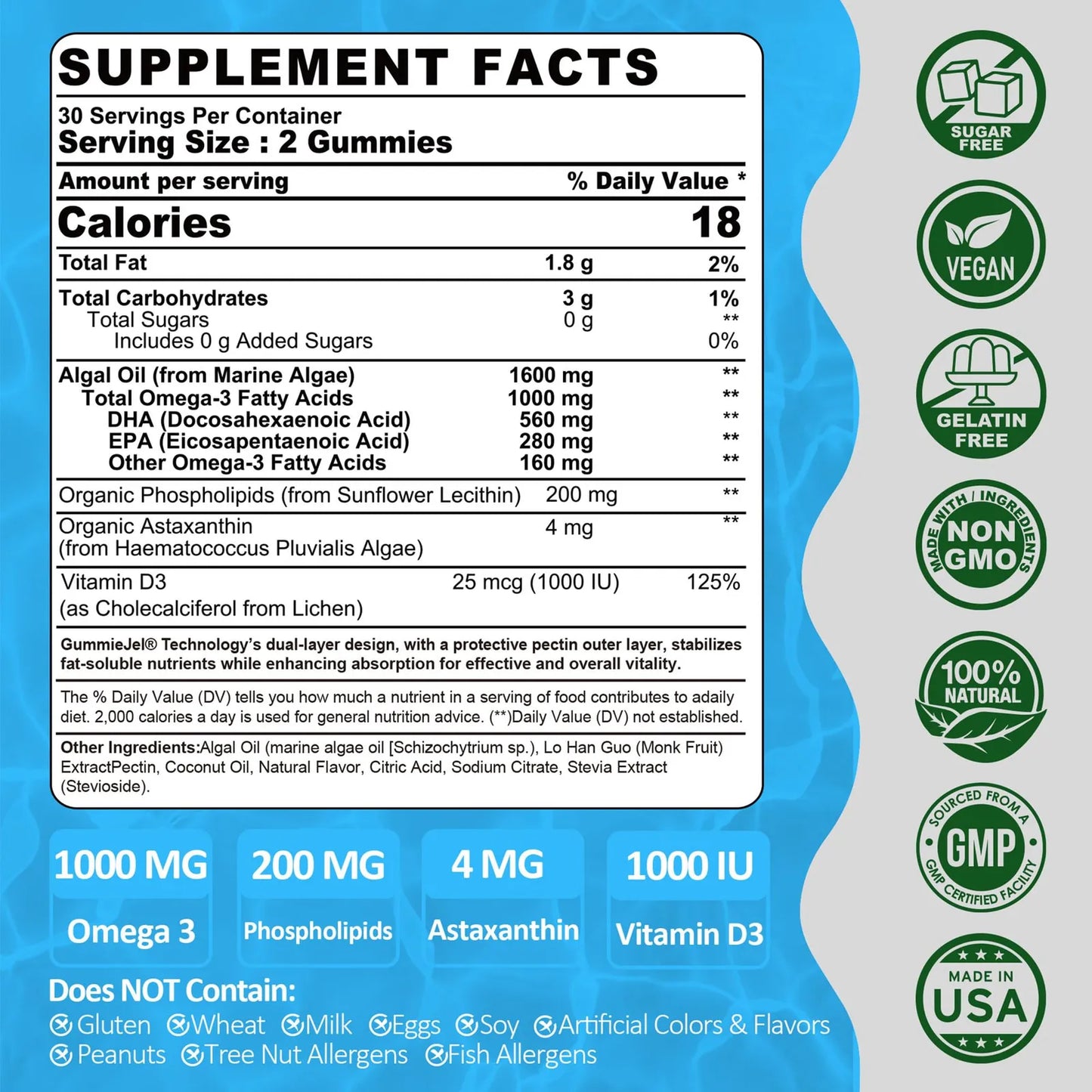 Gomitas Veganas Omega 3 1000 Mg Con Astaxantina Fosfolipidos DHA 560 Mg EPA 280 Mg