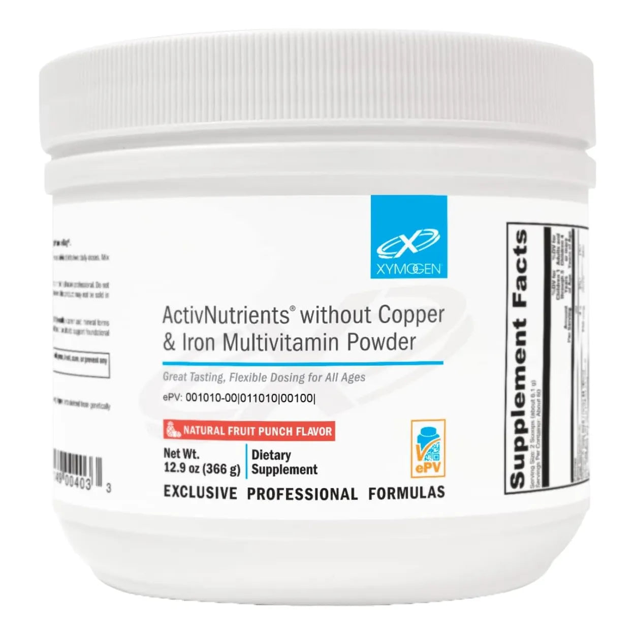 Polvo Multivitaminico Sin Cobre Ni Hierro Ponche De Frutas Xymogen Activnutrients 12.9 Onzas
