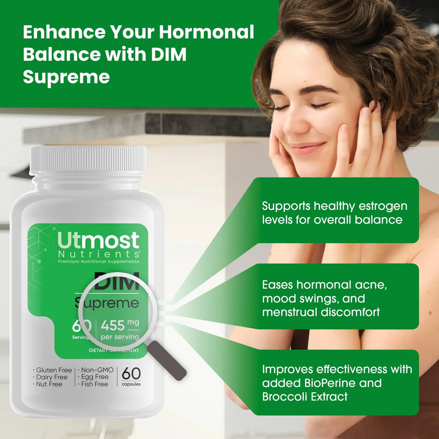 Suplemento DIM Para Mujeres 350 Mg Extracto De Brócoli Y Bioperina Regulador Hormonal