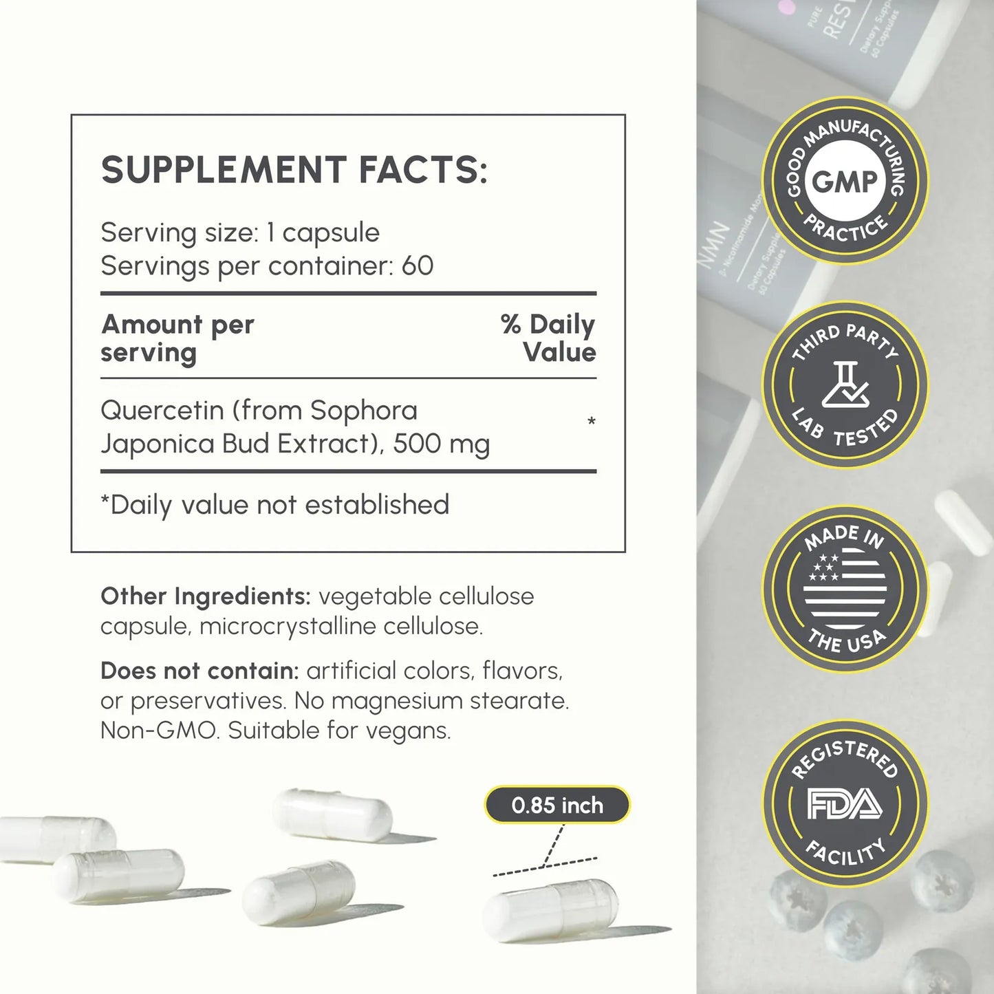 Quercetina 500 Mg 60 Capsulas Antioxidante Cardiovascular Vegano