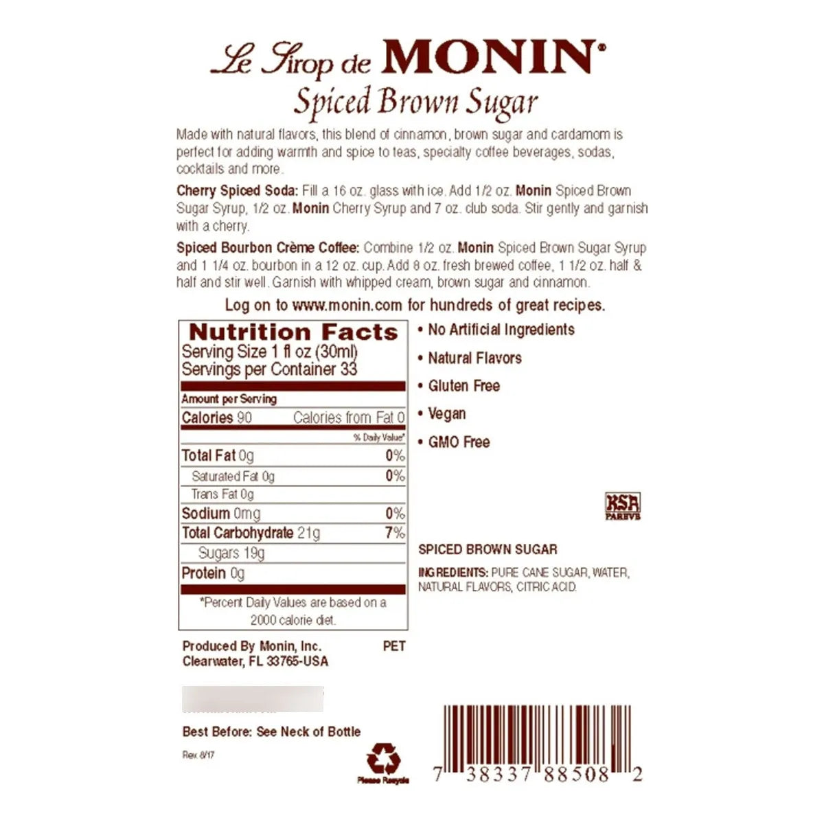 Jarabe De Azúcar Morena Especiado Monin 1 Litro Sin Gluten Ideal Para Café Y Cócteles