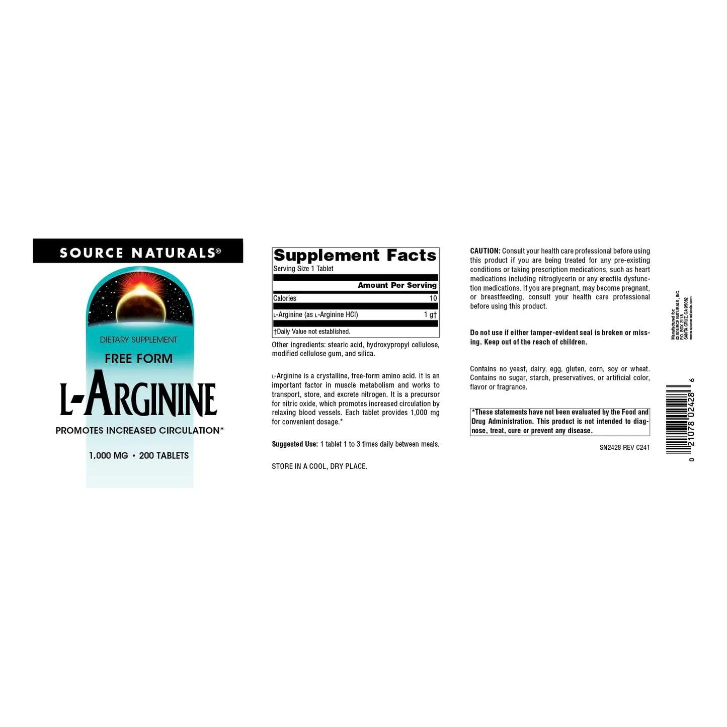 L Arginina 1000 Mg Forma Libre 200 Tabletas Energía Y Salud