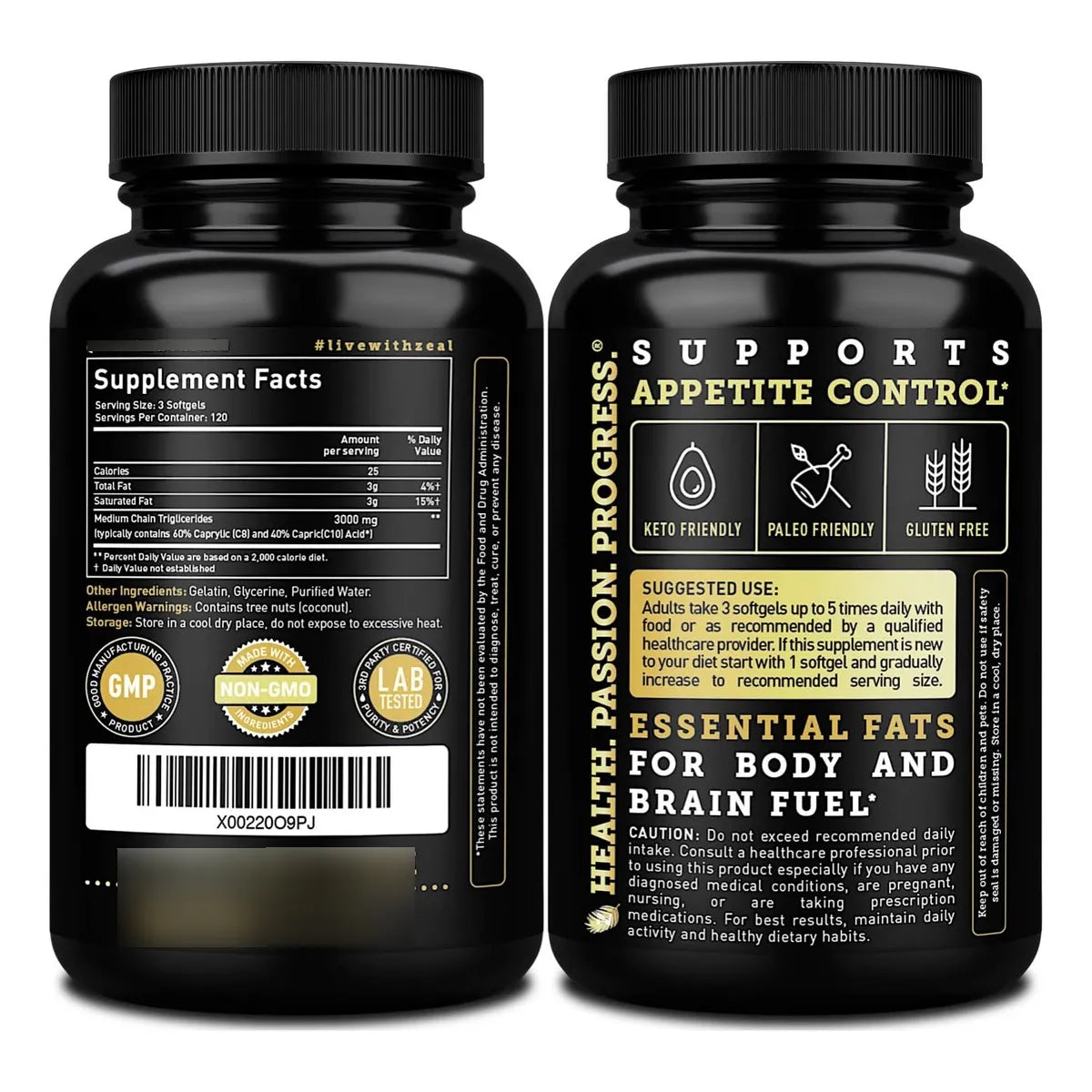 Cápsulas Mct Puro 360 Unidades 3000 Mg Energía Cetosis Octano