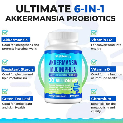 Probióticos Akkermansia GLP 1 Para Salud Intestinal 60 Cápsulas Con Cromo Y Té Verde
