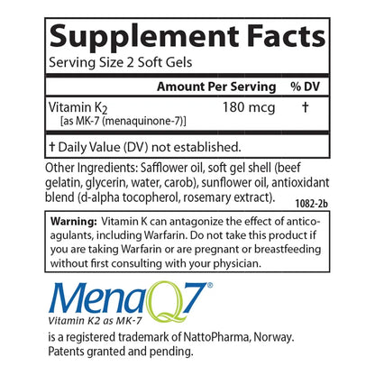 Vitamina K2 MK-7 180 Mcg Soporte Óseo 90 Cápsulas Blandas MenaQ7