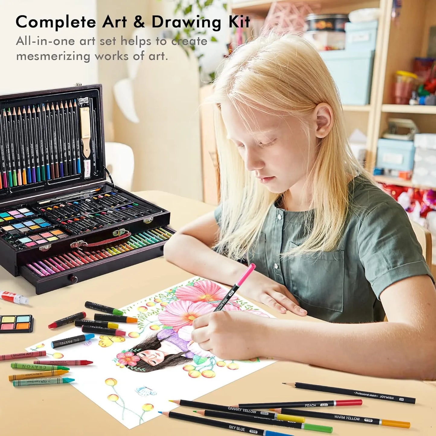 Set De Arte Profesional 186 Piezas Estuche De Madera Ideal Para Artistas