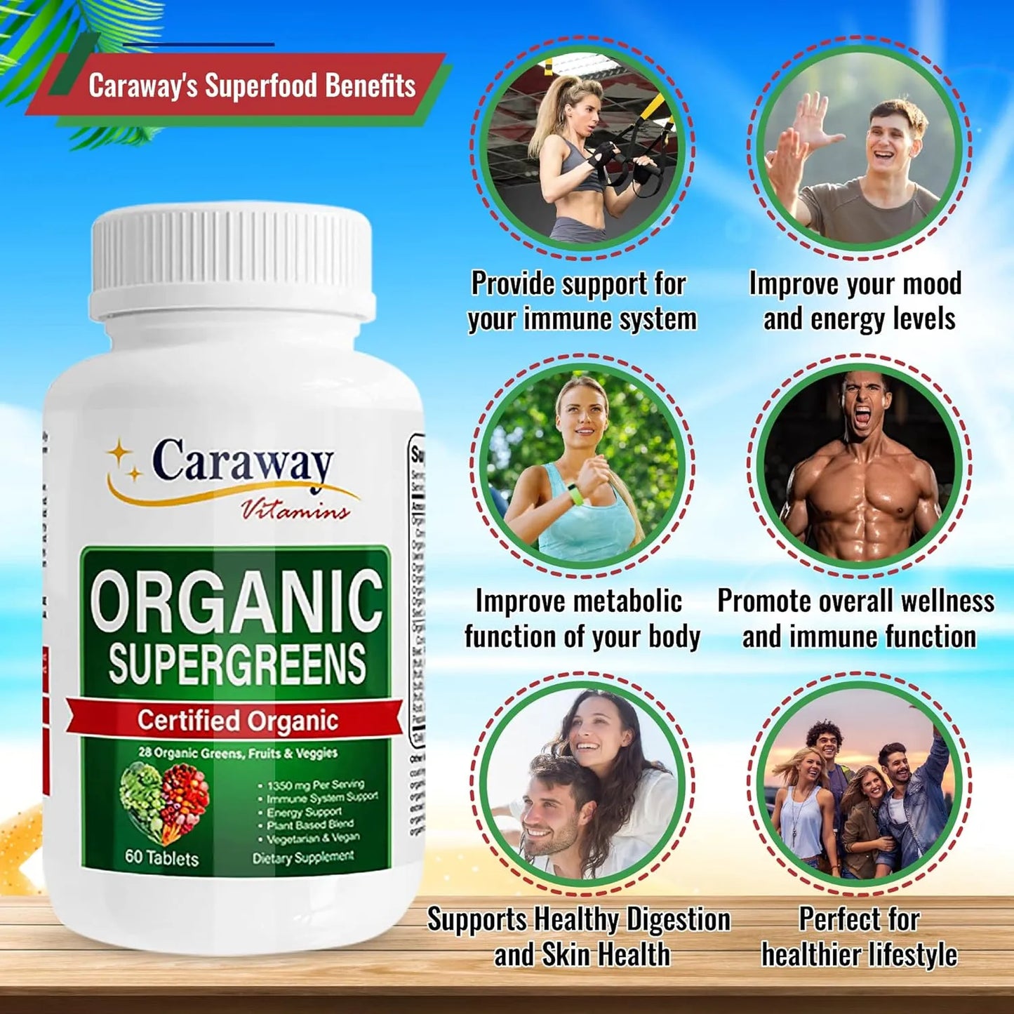 Complejo Orgánico Superalimentos Vitaminas Verdes 1350 Mg 60 Tabletas