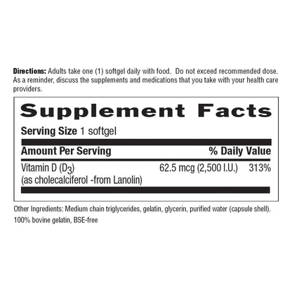 Vitamina D3 2500 Ui 200 Cápsulas Blandas Sin Gluten Importado Ee Uu