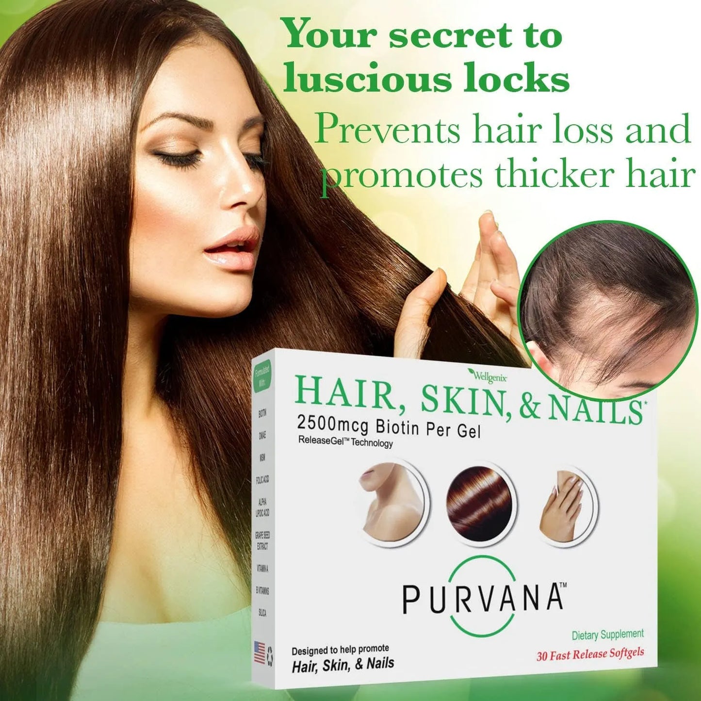 Purvana Vitamina Cabello Piel Uñas 2500 Mcg Biotina Acido Folico Dmae Usa