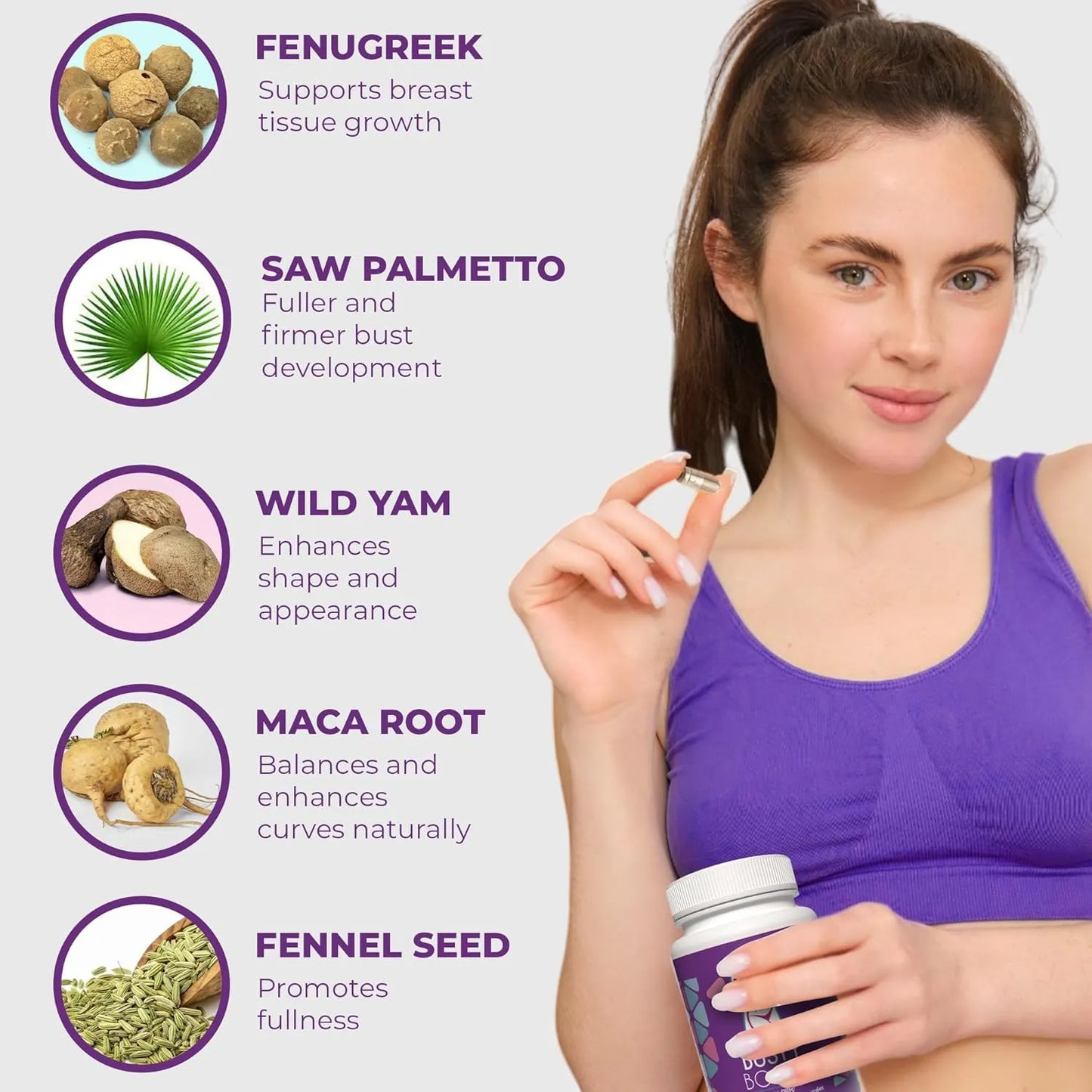 Píldoras Busty Boost Aumento De Busto Natural 60 Cápsulas Fenogreco Y Maca