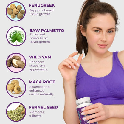 Píldoras Busty Boost Aumento De Busto Natural 60 Cápsulas Fenogreco Y Maca