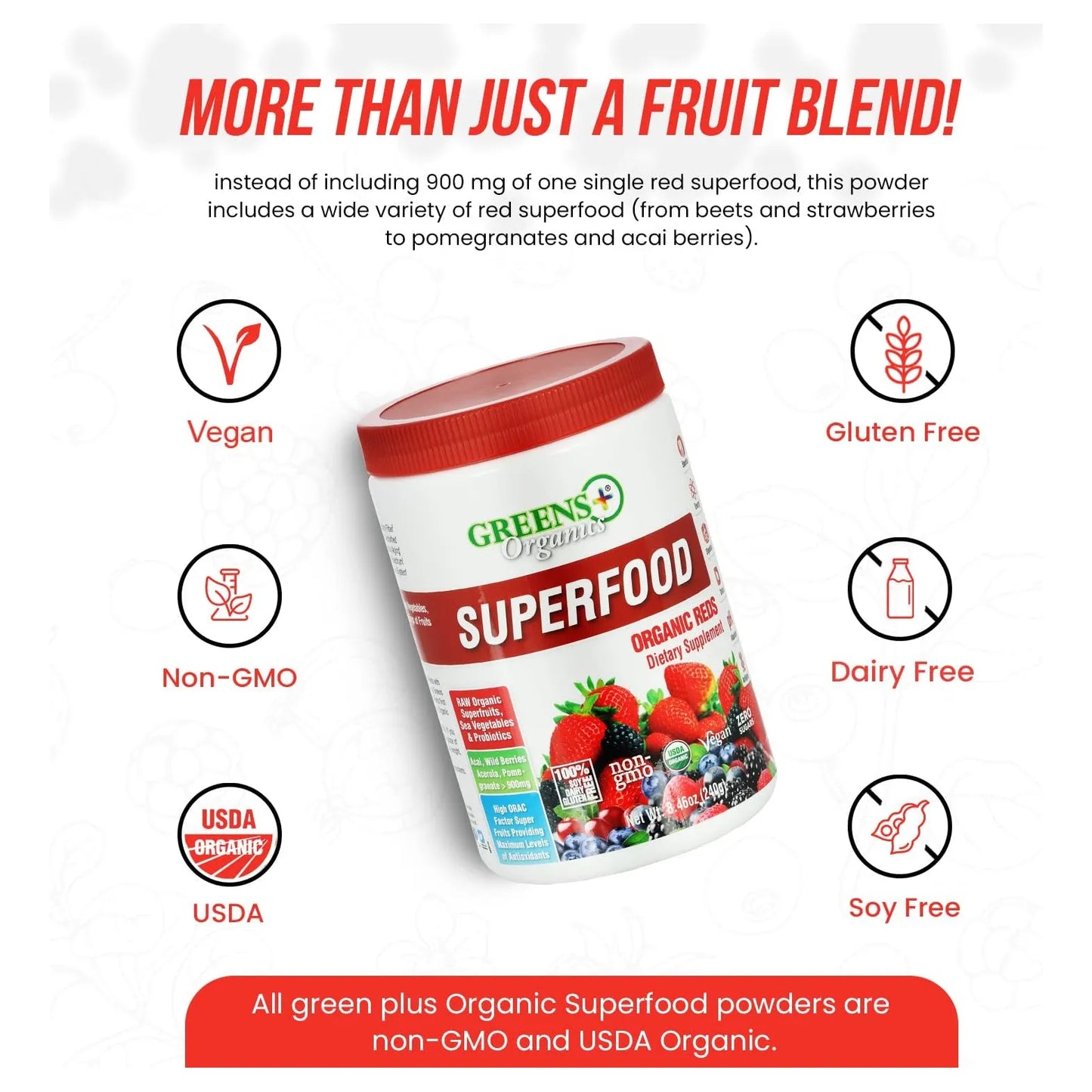 Polvo Orgánico De Superalimentos Rojos Energizante Con Superfrutas Y Verduras Marinas 8.46 Onzas