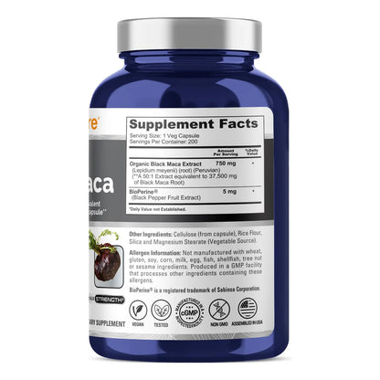 Raíz De Maca Negra 37500 Mg 200 Cápsulas Vegetales Vegano Sin OMG