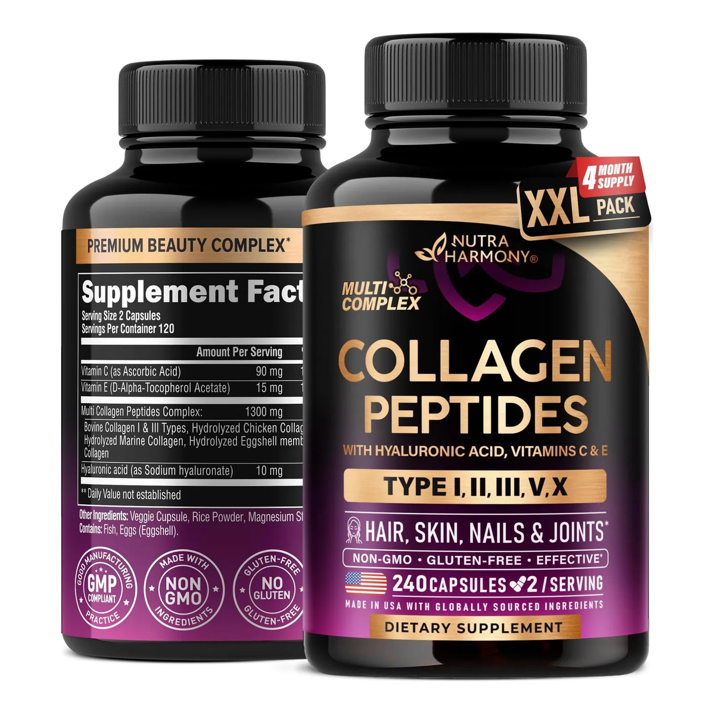 Multi Collagen Peptides Hidrolizado Tipos I II III V X 1300 Mg Con Acido Hialurónico