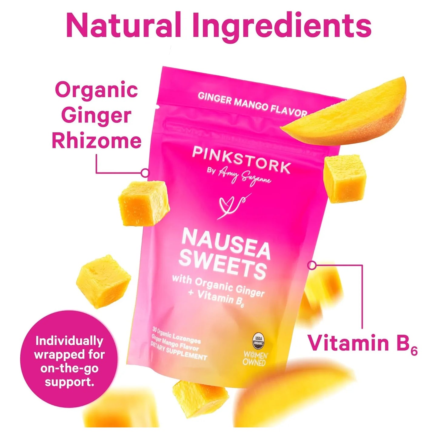 Caramelos Orgánicos De Mango Y Jengibre Con Vitamina B6 Pink Stork Alivia Náuseas Embarazo