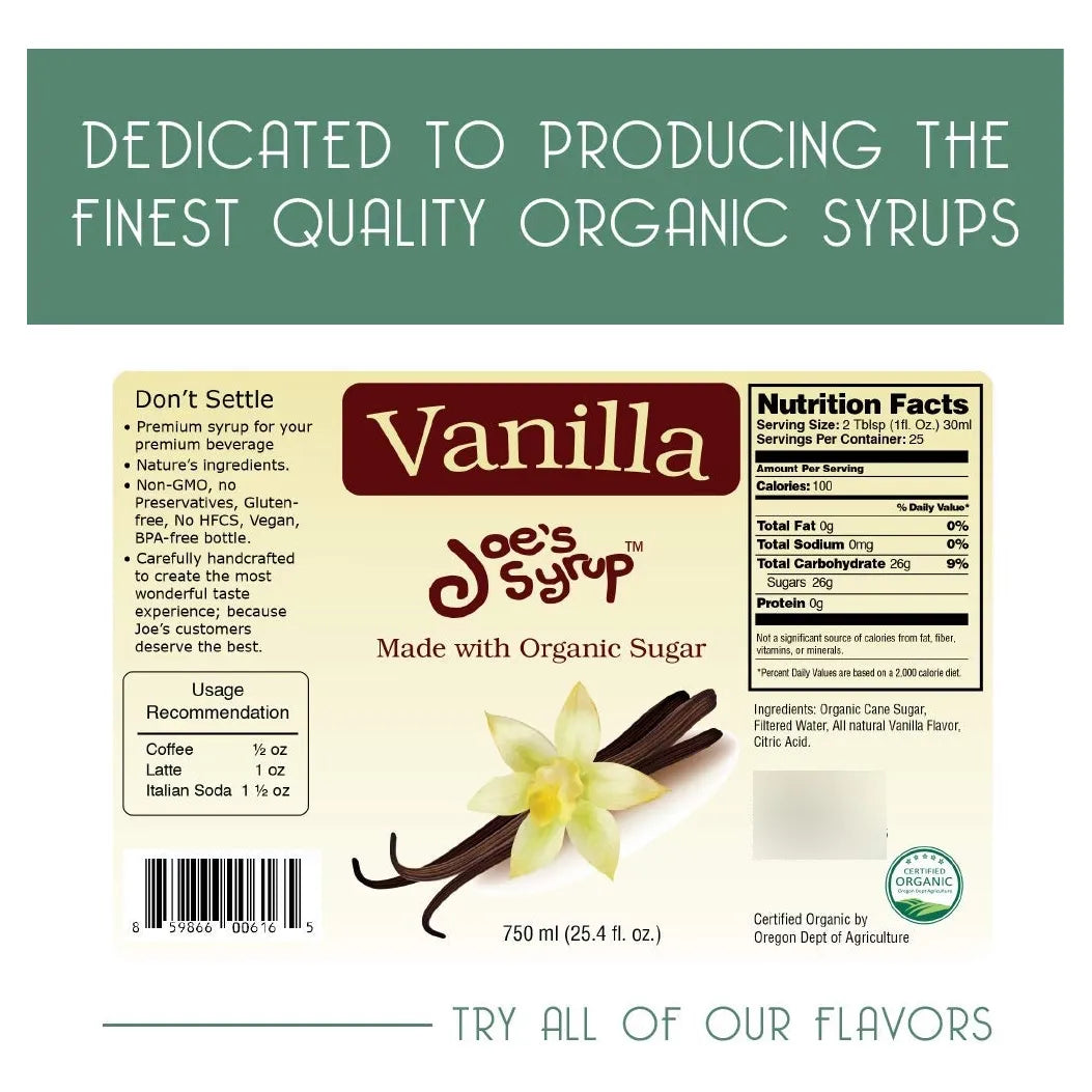 Sirope Organico De Azucar Natural Sabor Vainilla 750 Ml Joe's Syrup