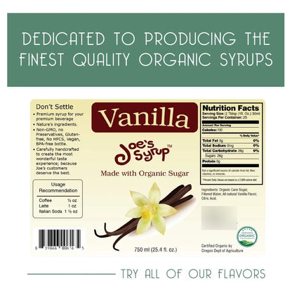 Sirope Organico De Azucar Natural Sabor Vainilla 750 Ml Joe's Syrup