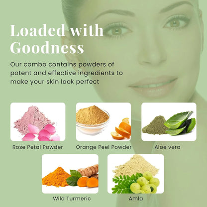 Set 5 Polvos Ayurvédicos Cuidado Facial Aloe Vera Amla Cáscara Naranja Rosa Cúrcuma