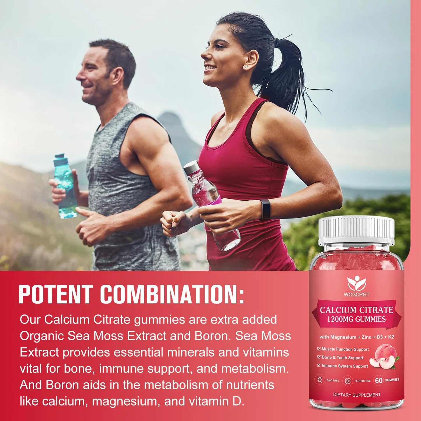Gomitas Citrato Calcio 1200 Mg Con Vitamina D3 K2 Magnesio Zinc Sabor Melocotón