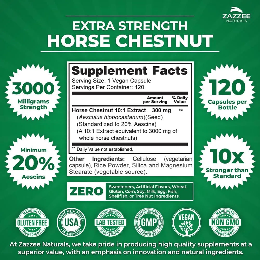 Extracto De Castaño De Indias 3000 Mg 120 Cápsulas Veganas Estandarizado 10X