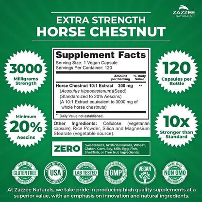 Extracto De Castaño De Indias 3000 Mg 120 Cápsulas Veganas Estandarizado 10X