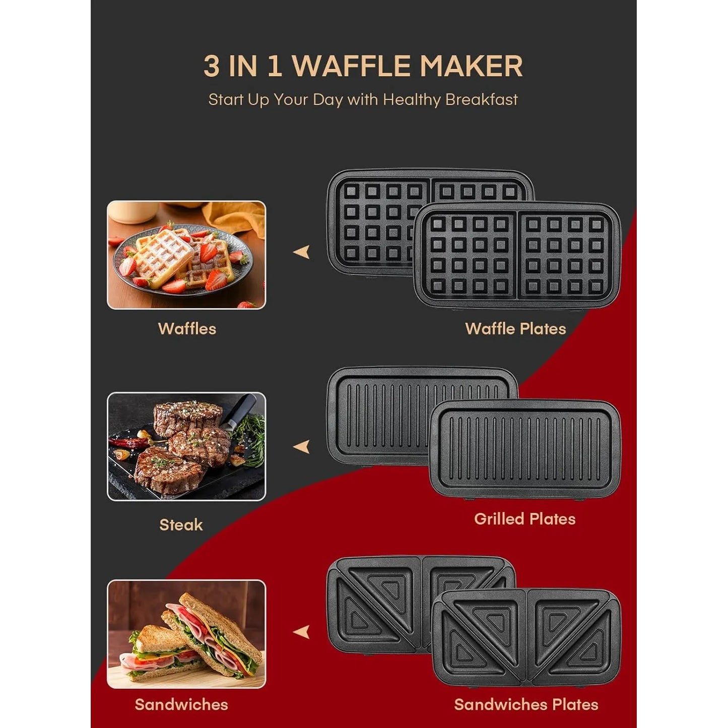 Waffle Maker 3 En 1 FOHERE 1200W Placas Desmontables Antiadherentes