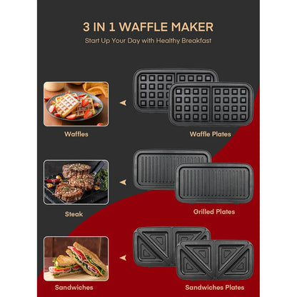 Waffle Maker 3 En 1 FOHERE 1200W Placas Desmontables Antiadherentes