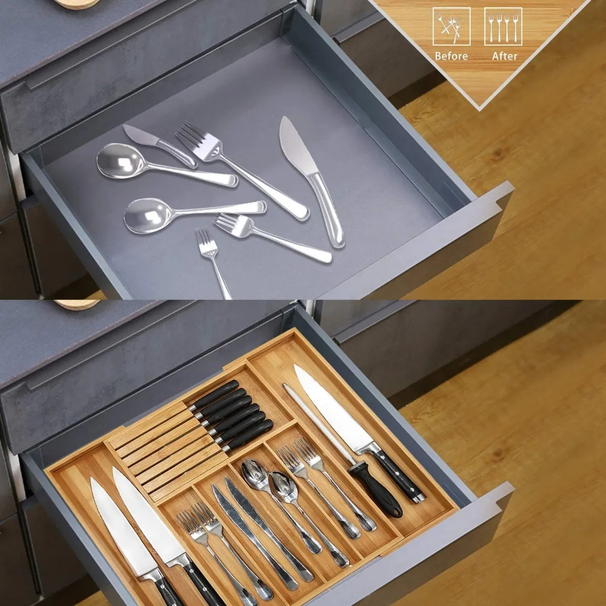 Cajon Organizador De Cubiertos De Bambu Expandible Para Cocina Multiusos
