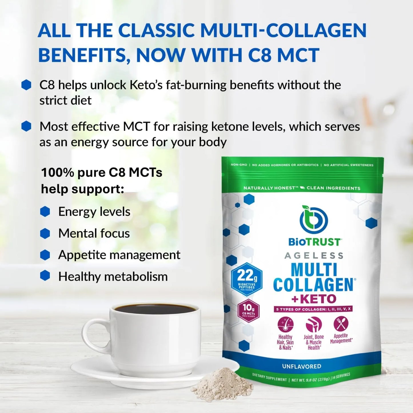 Proteína De Colágeno Múltiple Con Aceite Mct Keto 5 Tipos Ácido Caprílico C8