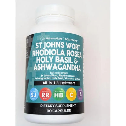 Suplemento St Johns Wort Rhodiola Rosea Holy Basil Ashwagandha 90 Capsulas Apoyo Estado Animo